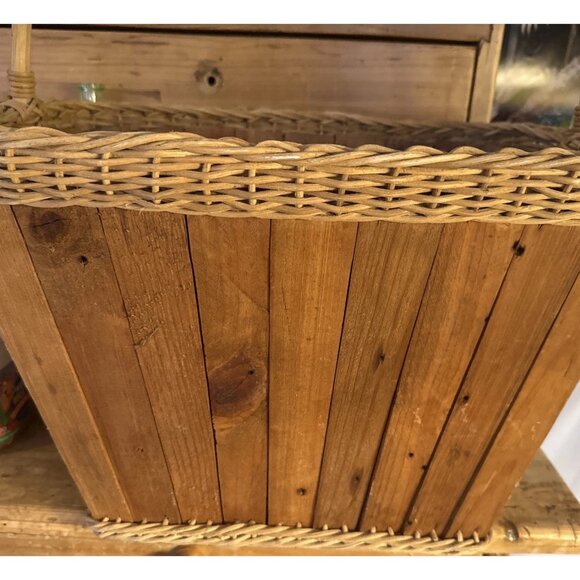Vintage Split Wood Magazine Rack Basket Wood Handle - Picture 2 of 16